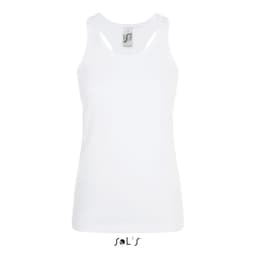 A white women's tank top made of 100% combed ring spun cotton, featuring a logo.