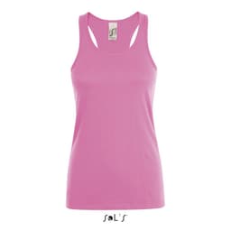 A pink women's tank top made from 100% combed ring spun cotton, featuring a logo.
