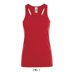 A red women's tank top made from 100% combed ring-spun cotton, featuring a logo.