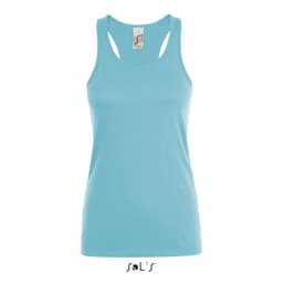 A light blue women's singlet made of 100% combed ring spun cotton, featuring a logo.