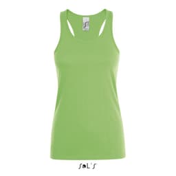 A green women's singlet made from 100% combed ring spun cotton, featuring a logo on the brand label.