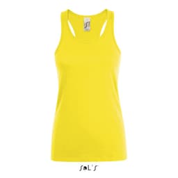 A women's singlet in bright yellow, made from 100% combed ring spun cotton, featuring a logo.