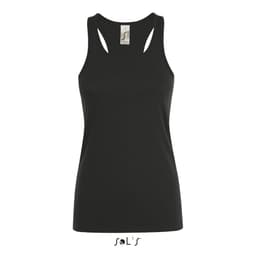 A women's tank top in black, made from 100% combed ring spun cotton, featuring a logo at the bottom.