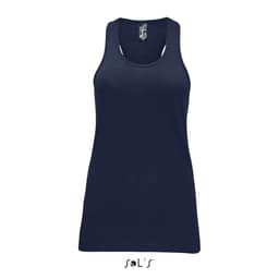 A women's singlet in navy blue made from 100% combed ring spun cotton, featuring a brand logo.