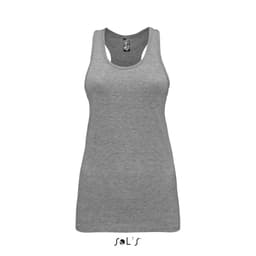 A grey women's tank top made from 100% combed ring spun cotton, featuring a logo.