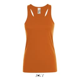 A women's tank top in a vibrant orange colour made from 100% combed ring spun cotton. It features a logo on the bottom.