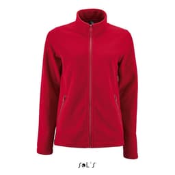 A red women's fleece jacket featuring a front zip and side pockets, with a subtle logo on the design.