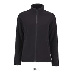 A women's plain fleece jacket in black with a zip front and two side pockets. It has a logo on the front.
