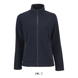 A plain navy fleece jacket for women featuring a zip front and side pockets. The jacket has a logo on it.