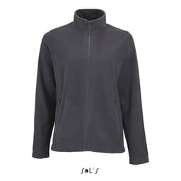 A women's plain fleece jacket in dark grey with a zip front and side pockets. It has a collar and long sleeves.