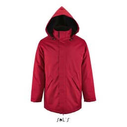 A red unisex jacket made of 100% polyester with a fleece-lined collar and a hood. It features side pockets and a branding logo.