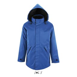 A blue unisex jacket with a fleece-lined collar and a hood, featuring two side pockets and a logo.