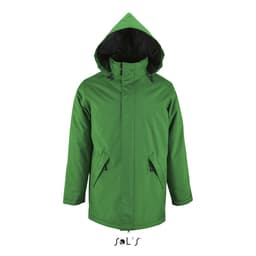 A green unisex jacket with a fleece-lined collar and a hood, featuring pockets and a logo.
