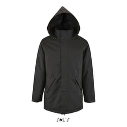 A black unisex jacket with a fleece-lined collar and hood, featuring pockets and a logo.