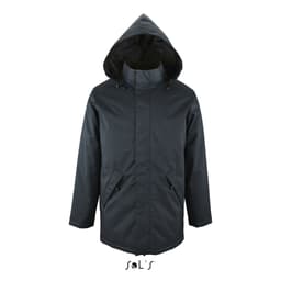 A dark navy unisex jacket with a fleece-lined collar and hood, featuring side pockets and a branding logo.