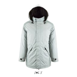 A light grey unisex jacket with a fleece-lined collar and hood, featuring a branding logo.