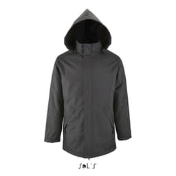 A unisex jacket in dark grey, featuring a fleece-lined collar and a fitted hood. It has a simple design with pockets.