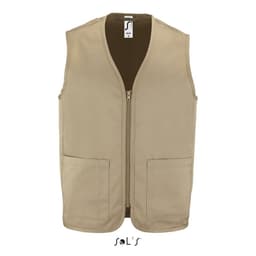 A beige unisex zippered vest made of 65% polyester and 35% cotton, featuring two front pockets and a logo.