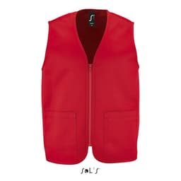 A red unisex vest with a zippered front and two front pockets. It includes a logo on the neck label.