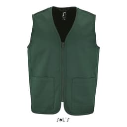 A green unisex zippered vest with two front pockets and a logo on the label. Made from 65% polyester and 35% cotton.