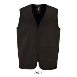 A black unisex zippered vest made of 200gsm 65% polyester and 35% cotton, featuring two front pockets and a logo.