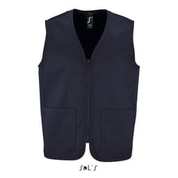 A navy zippered unisex vest with two front pockets and a logo on the label. Made from 200gsm fabric blend.