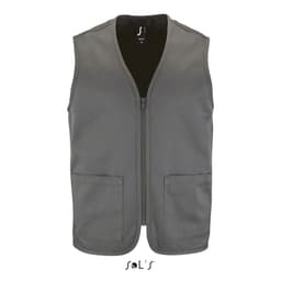 A grey unisex zippered vest with two front pockets and a branding label. Made from 65% polyester and 35% cotton.