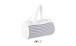 A duffel bag featuring white and navy stripes with two white handles and a zip closure, along with a logo.