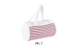 A duffel bag with red and white stripes, featuring sturdy white handles and a branding logo.