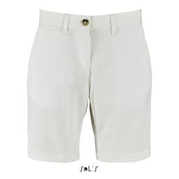 Chino-style women's shorts in light beige with a front button and pockets, featuring a logo at the bottom.