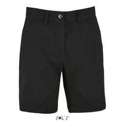 Chino style shorts for women in black, featuring a button closure and pockets. Includes a logo at the bottom.