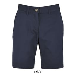 Chino-style women's shorts in navy blue with a front button closure and logo on the lower side.