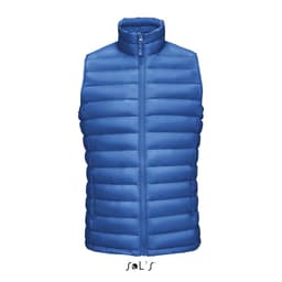 A blue puffer vest featuring a zip front and a collar, made of 90% down and 10% feathers, with a logo.