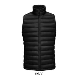 A black puffer vest featuring a zip-up front, made of 90% down and 10% feathers. It includes a stand-up collar and branding.