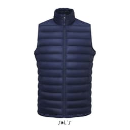 A navy blue puffer vest featuring a zip front and high collar, filled with 90% down and 10% feathers, with branding.