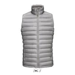 A grey puffer vest featuring a zip front and high collar, made of 90% down and 10% feathers, with a logo.