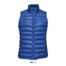 A blue women's puffer vest made of 90% down and 10% feathers, featuring a zip closure and a stand-up collar.