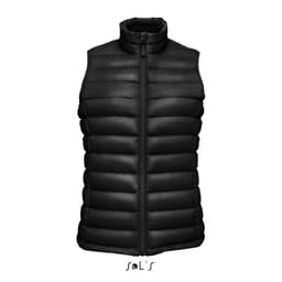 A black women's puffer vest featuring a high collar and zip closure, with a quilted design and branding.