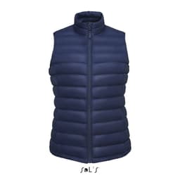 A women's navy puffer vest featuring a zip front and padded design. The vest has a logo on it.