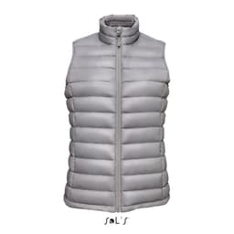 A women's puffer vest in light grey, featuring a zip front and a stand-up collar, with a branding logo.