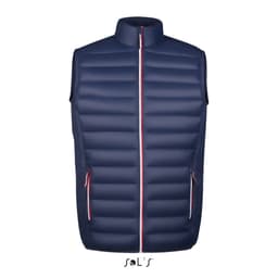 A men's lightweight puffer vest in navy blue, featuring a front zipper and side pockets, with a logo at the bottom.