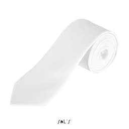 A white polyester tie with a smooth texture, featuring a logo at the bottom.