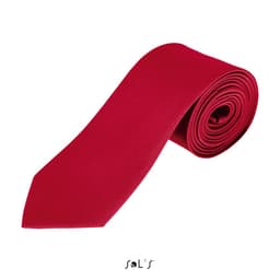 A red polyester tie laid flat, featuring a smooth texture and pointed tip, with a branding logo present.