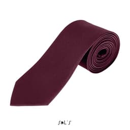 A burgundy polyester tie rolled neatly with a pointed tip, featuring a logo at the bottom.