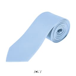 A light blue polyester tie neatly rolled, featuring a branded logo.