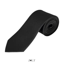 A black tie made of polyester, neatly rolled with a logo present.
