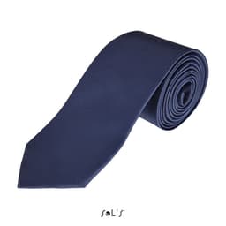 A navy blue polyester tie rolled neatly with branding visible at the bottom.
