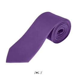 A purple polyester tie rolled up neatly, featuring a logo on the packaging.