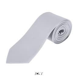 A grey polyester tie rolled neatly, featuring a logo on its surface.
