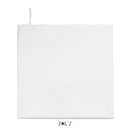 A white gym towel measuring 100cm x 150cm with a hanging loop and a brand logo.